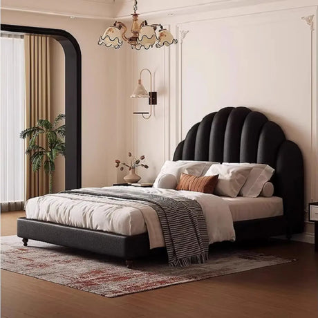 Black Queen Scalloped Velvet Upholstered Panel Bed Frame Image - 2