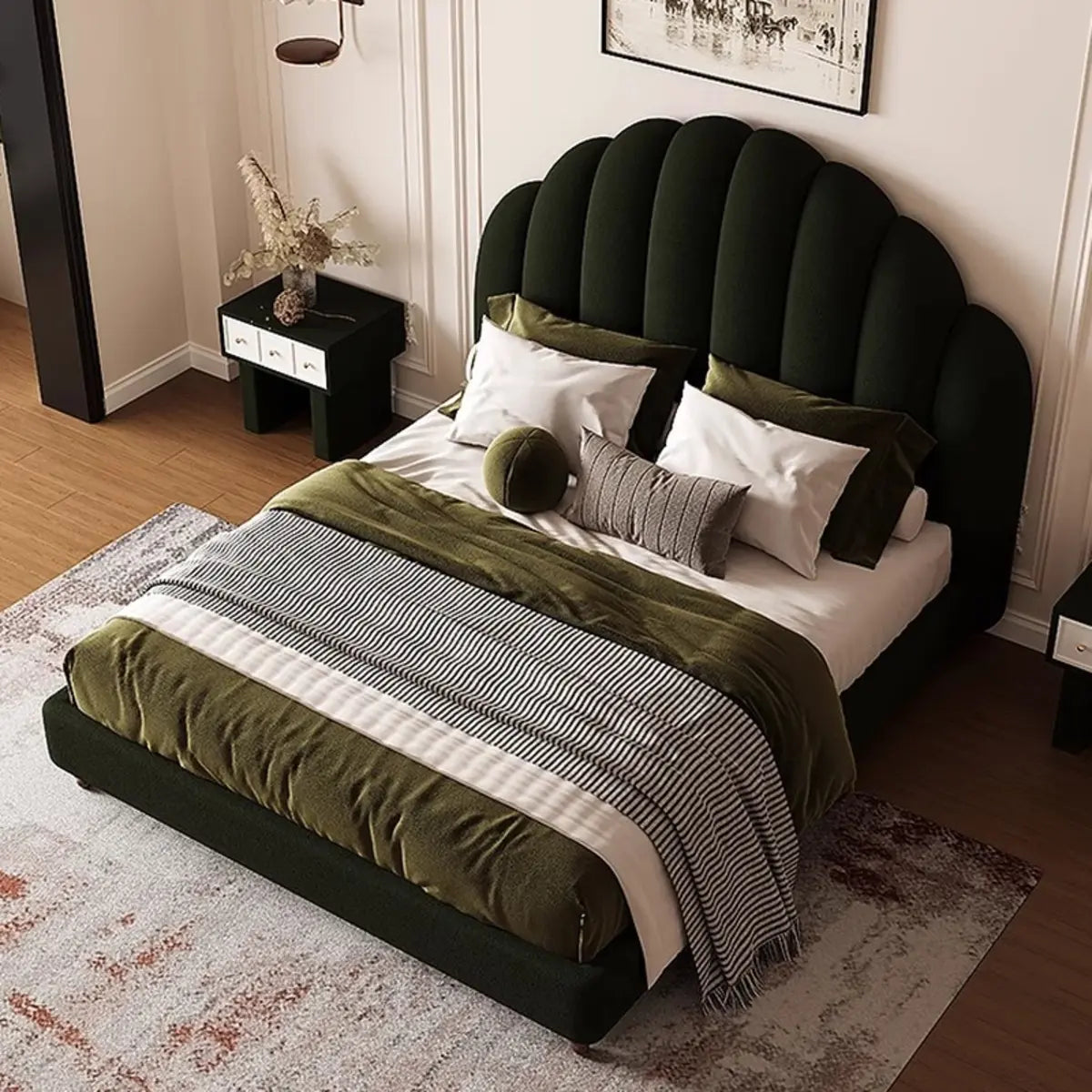 Black Queen Scalloped Velvet Upholstered Panel Bed Frame Image - 3