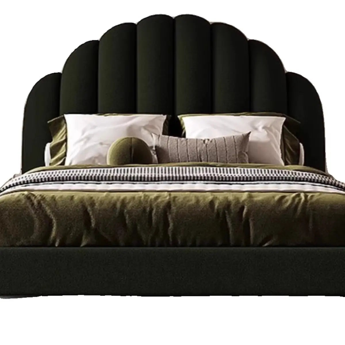 Black Queen Scalloped Velvet Upholstered Panel Bed Frame Image - 6