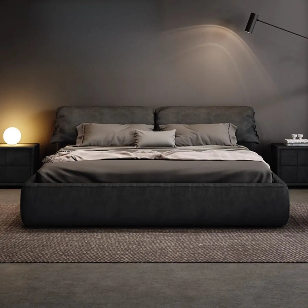 Black Queen Size Platform Velvet Stylish Panel Bed Image - 3