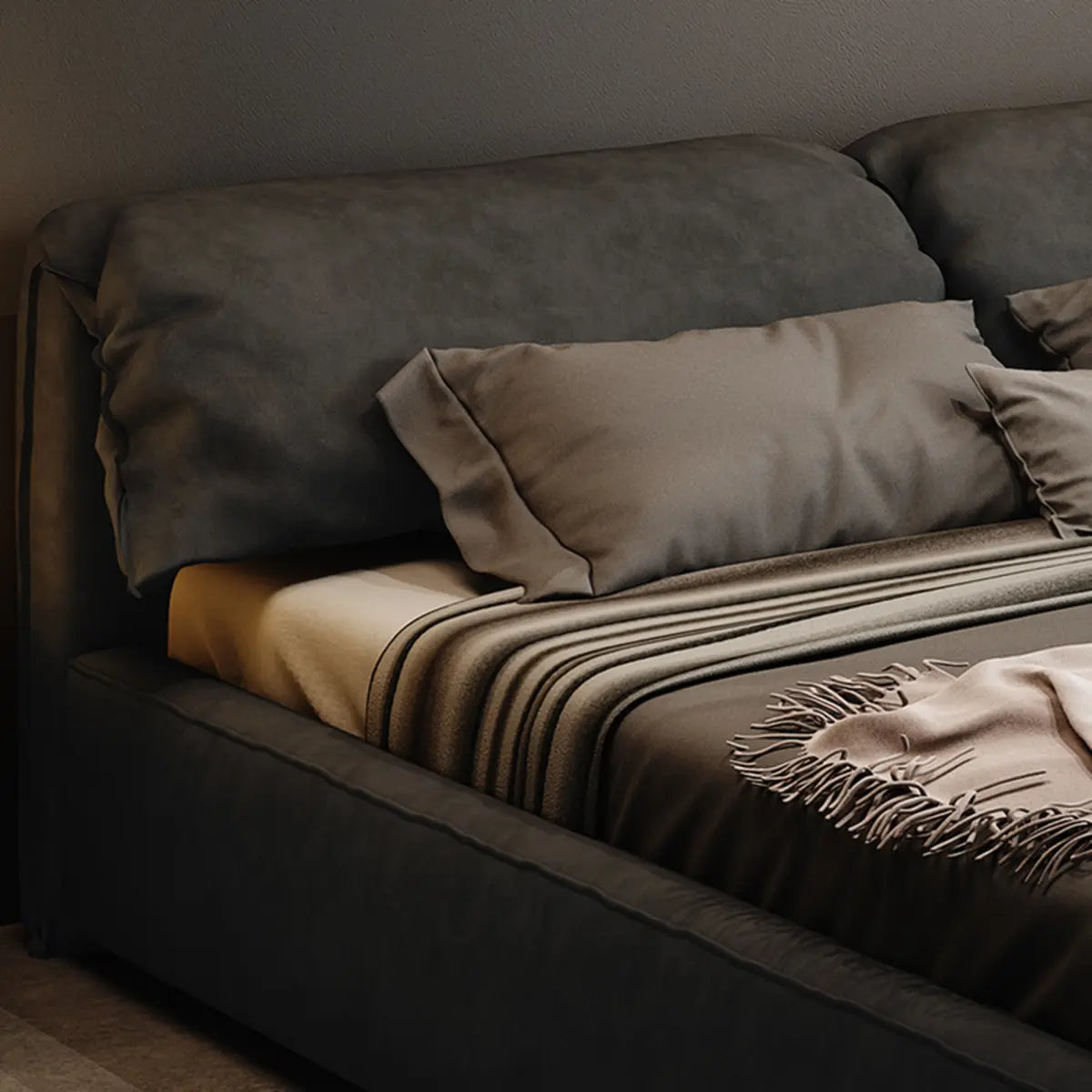Black Queen Size Platform Velvet Stylish Panel Bed Image - 4