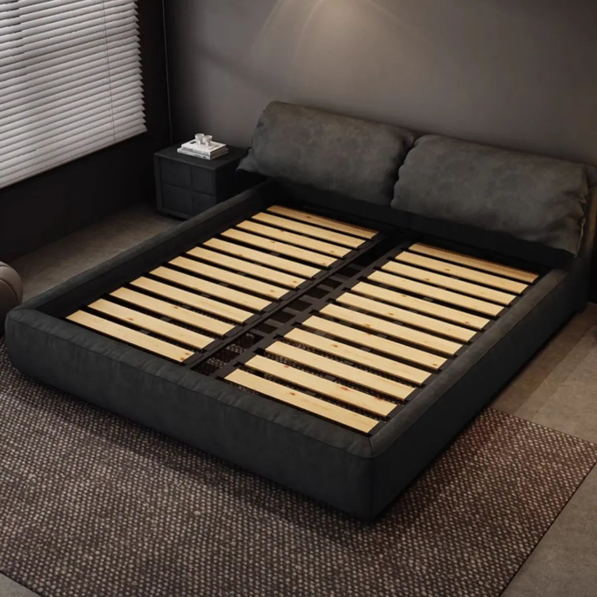 Black Queen Size Platform Velvet Stylish Panel Bed Image - 6
