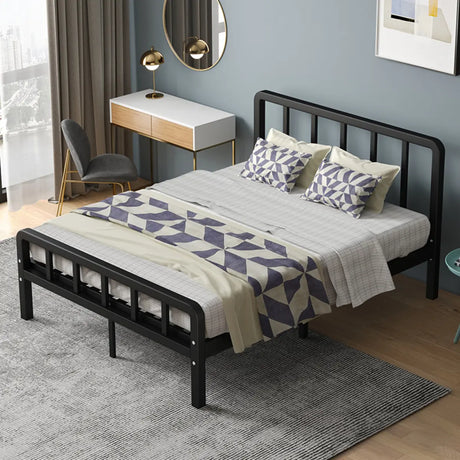 Black Queen Slat Metal Frame Headboard and Footboard Bed Image - 1
