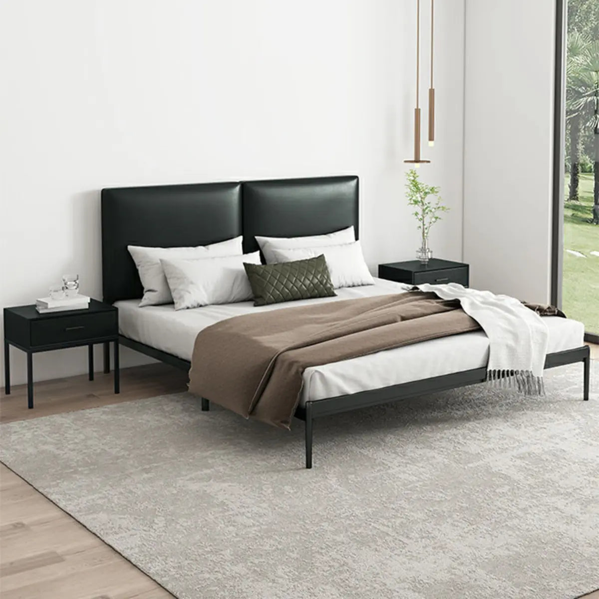 Black Queen Soft Leather Headboard Metal Panel Bed Image - 1
