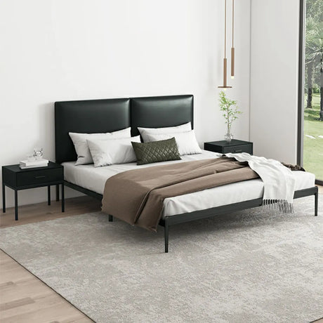 Black Queen Soft Leather Headboard Metal Panel Bed Image - 1