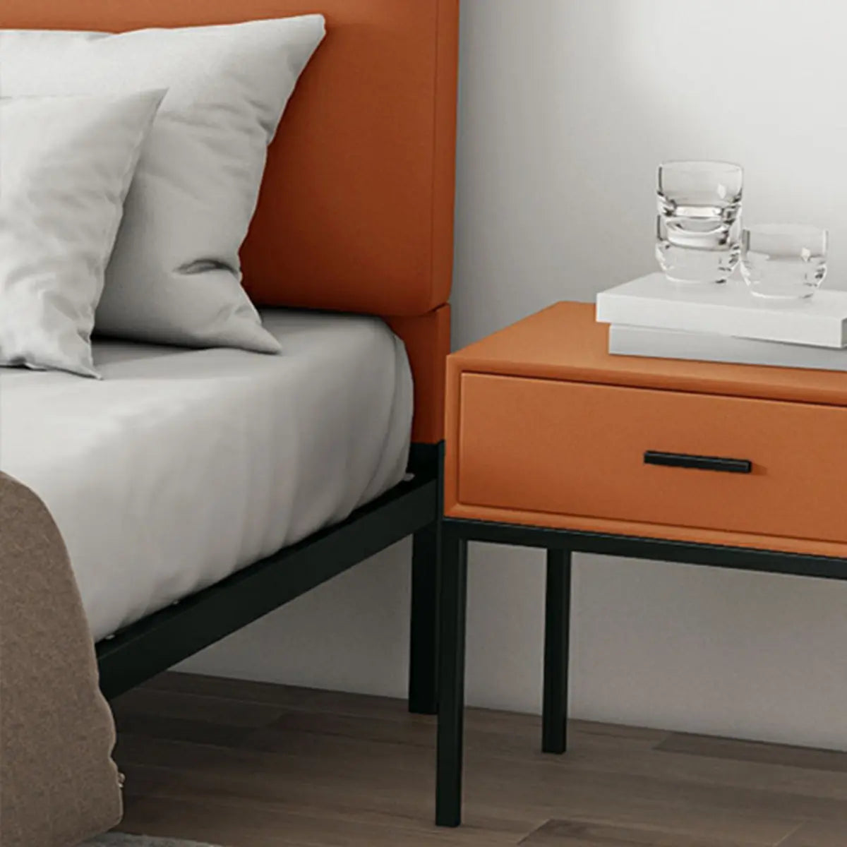Black Queen Soft Leather Headboard Metal Panel Bed Image - 10