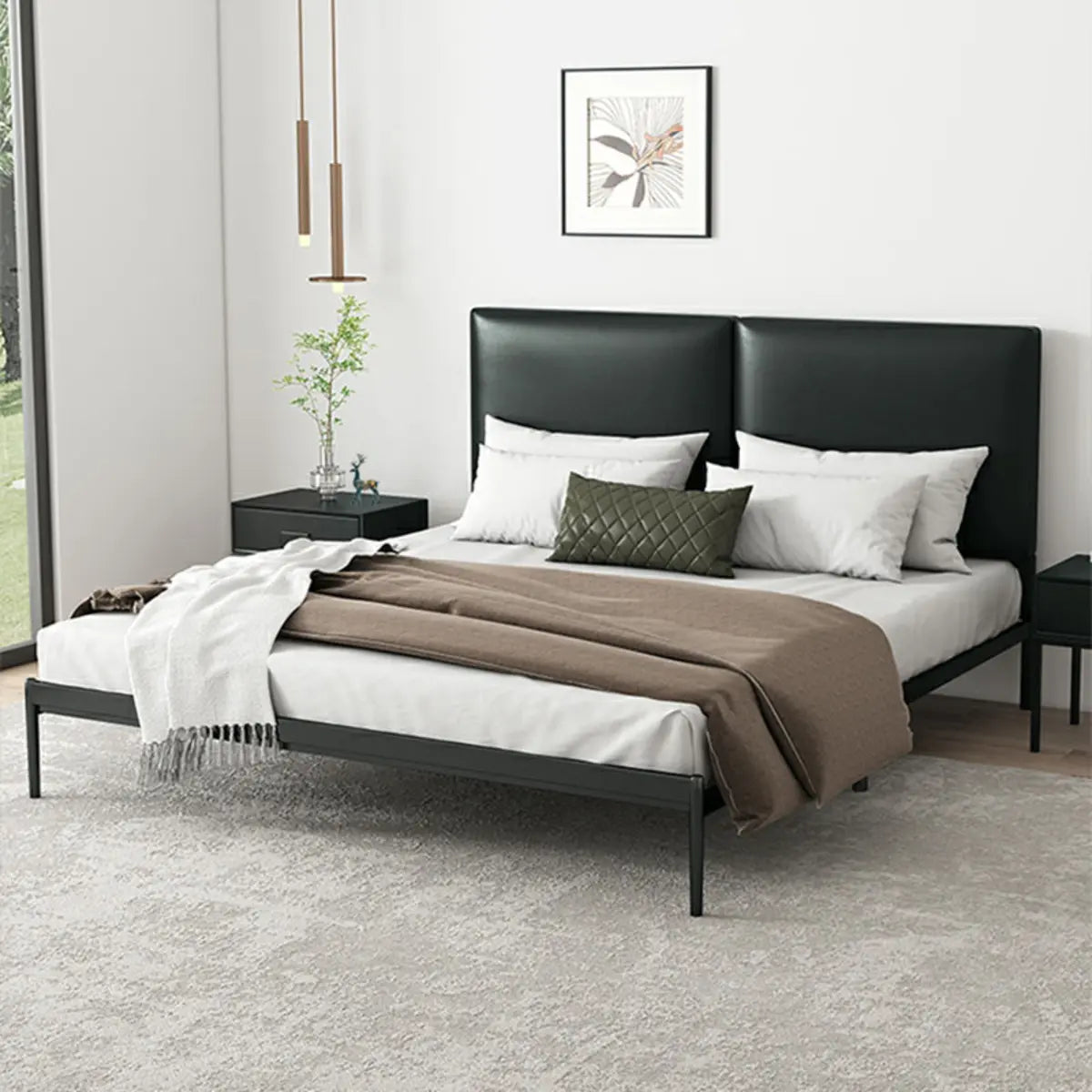Black Queen Soft Leather Headboard Metal Panel Bed Image - 12