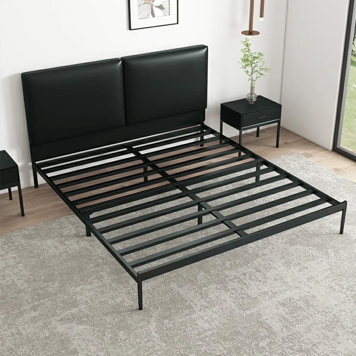 Black Queen Soft Leather Headboard Metal Panel Bed Image - 2