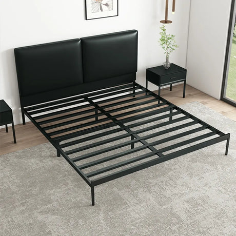 Black Queen Soft Leather Headboard Metal Panel Bed Image - 2