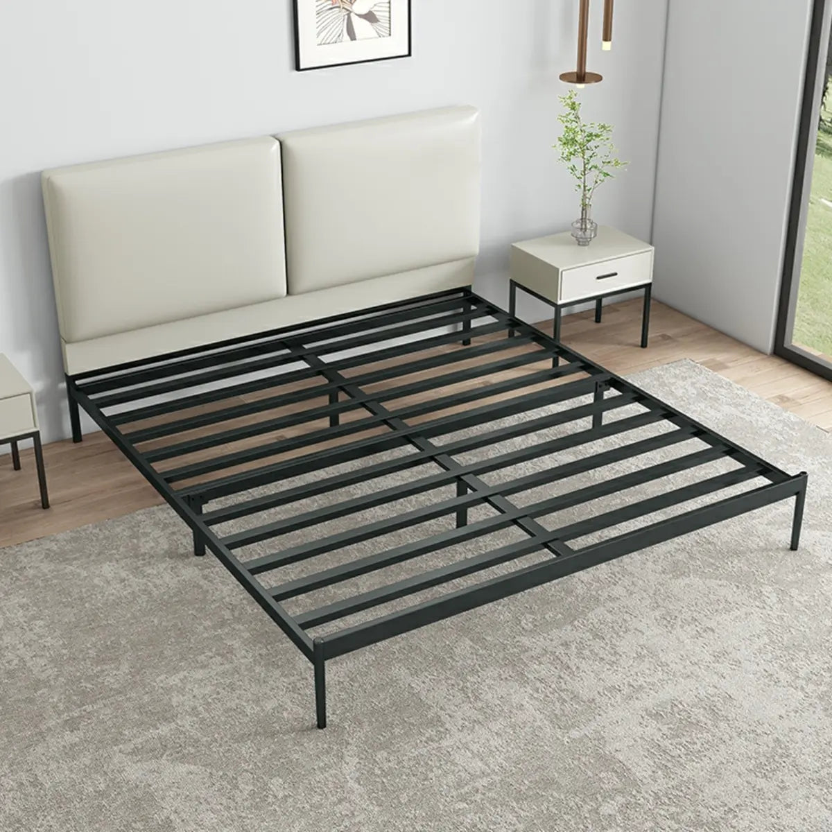 Black Queen Soft Leather Headboard Metal Panel Bed Image - 3