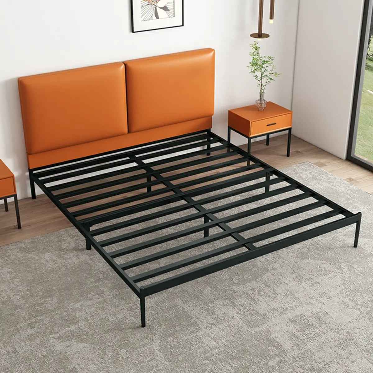 Black Queen Soft Leather Headboard Metal Panel Bed Image - 5