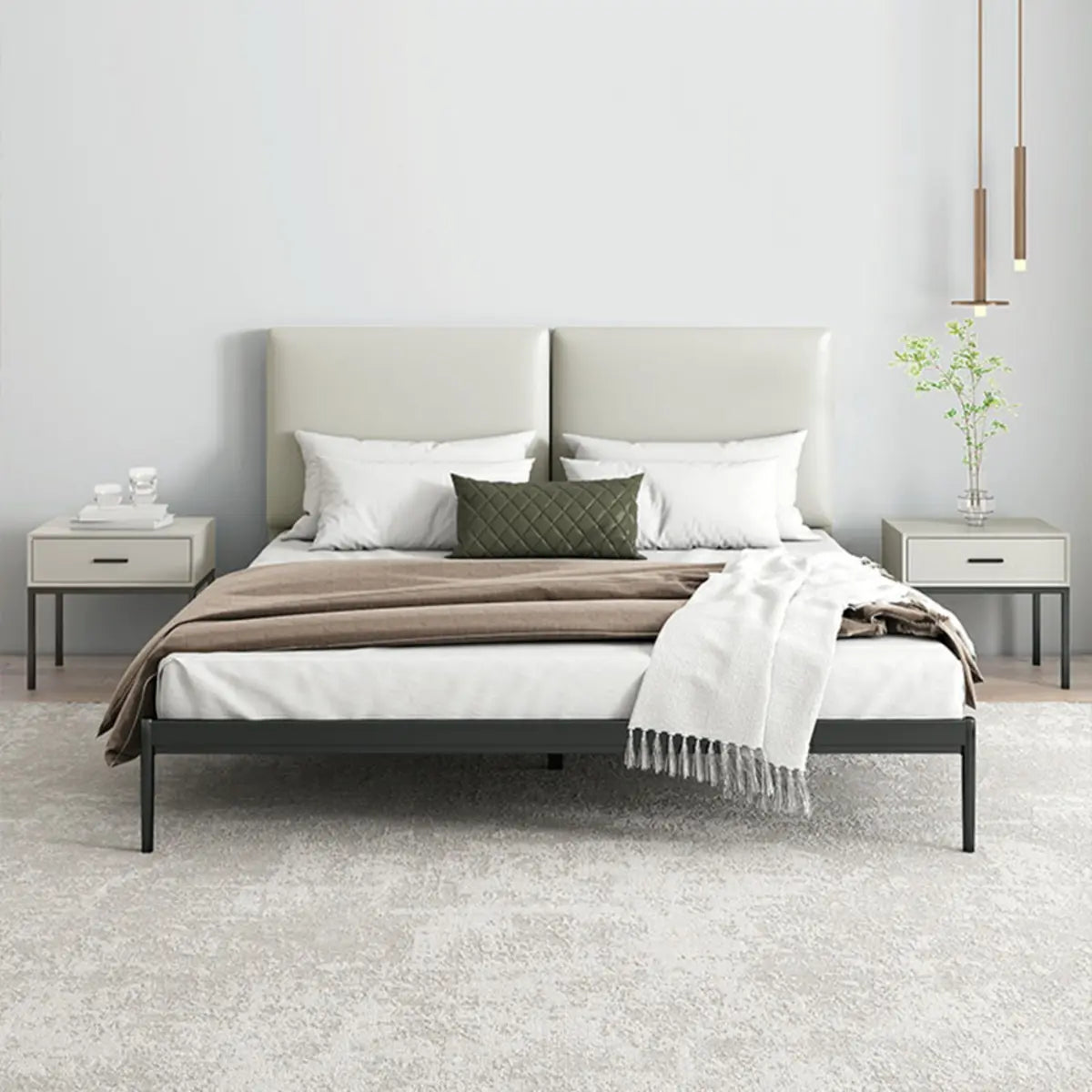 Black Queen Soft Leather Headboard Metal Panel Bed Image - 6