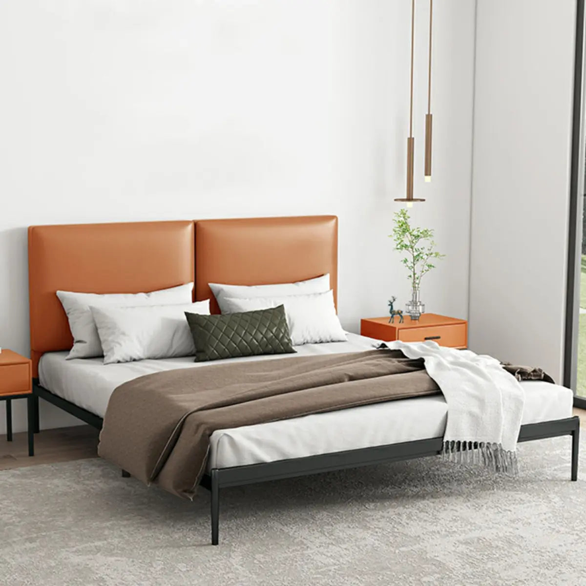 Black Queen Soft Leather Headboard Metal Panel Bed Image - 7
