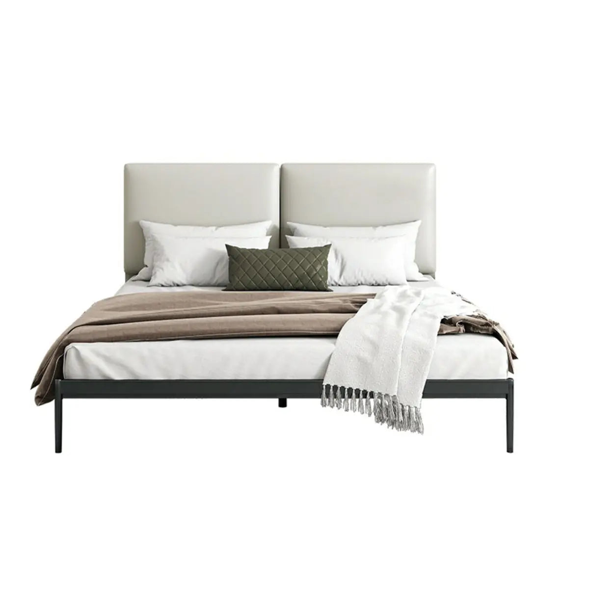 Black Queen Soft Leather Headboard Metal Panel Bed Image - 8
