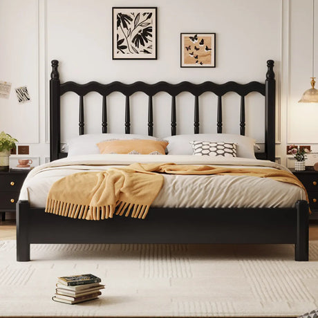 Black Queen Traditional Wooden Slat Bed with Headboard Image - 1