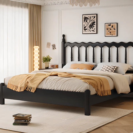 Black Queen Traditional Wooden Slat Bed with Headboard Image - 2