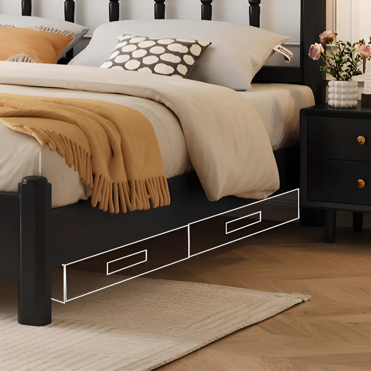 Black Queen Traditional Wooden Slat Bed with Headboard Image - 4