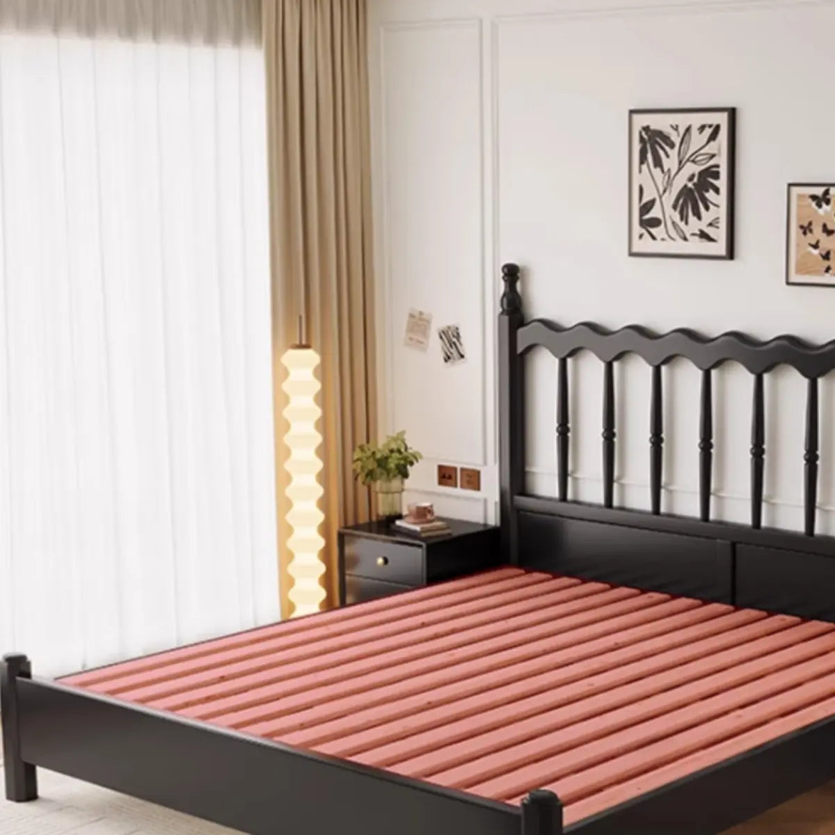 Black Queen Traditional Wooden Slat Bed with Headboard Image - 5