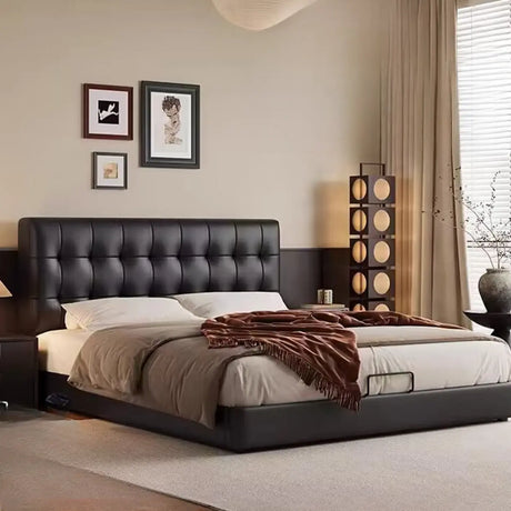Black Queen Upholstered Headboard Storage Included Bed Image - 1