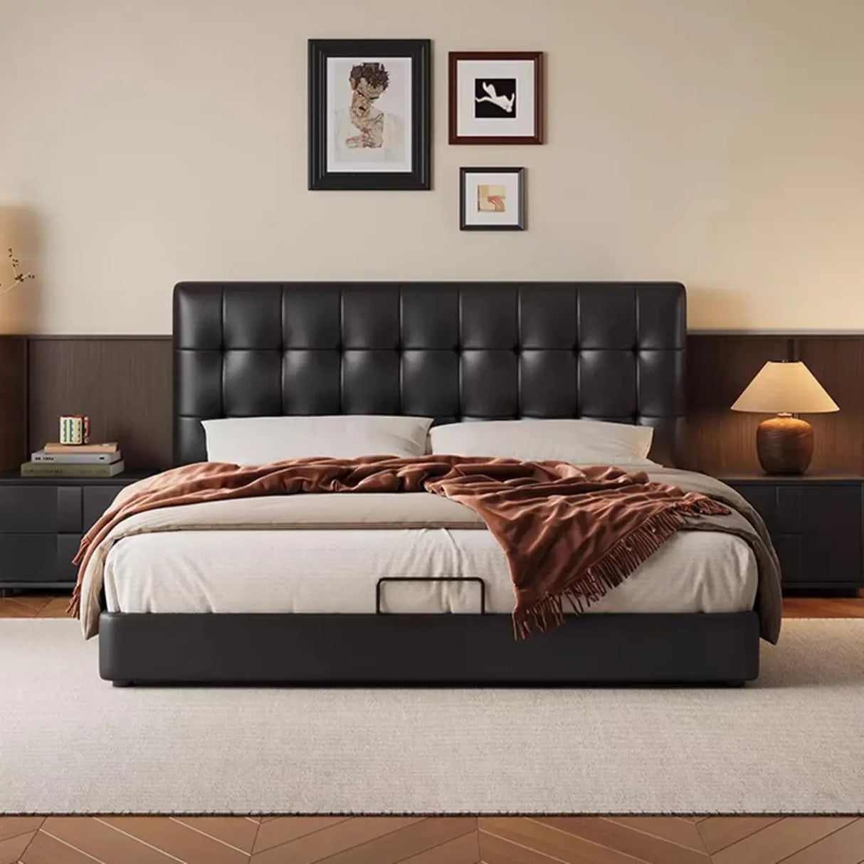 Black Queen Upholstered Headboard Storage Included Bed Image - 4