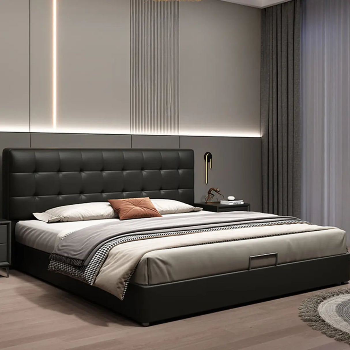 Black Queen Upholstered Headboard Storage Included Bed Image - 5