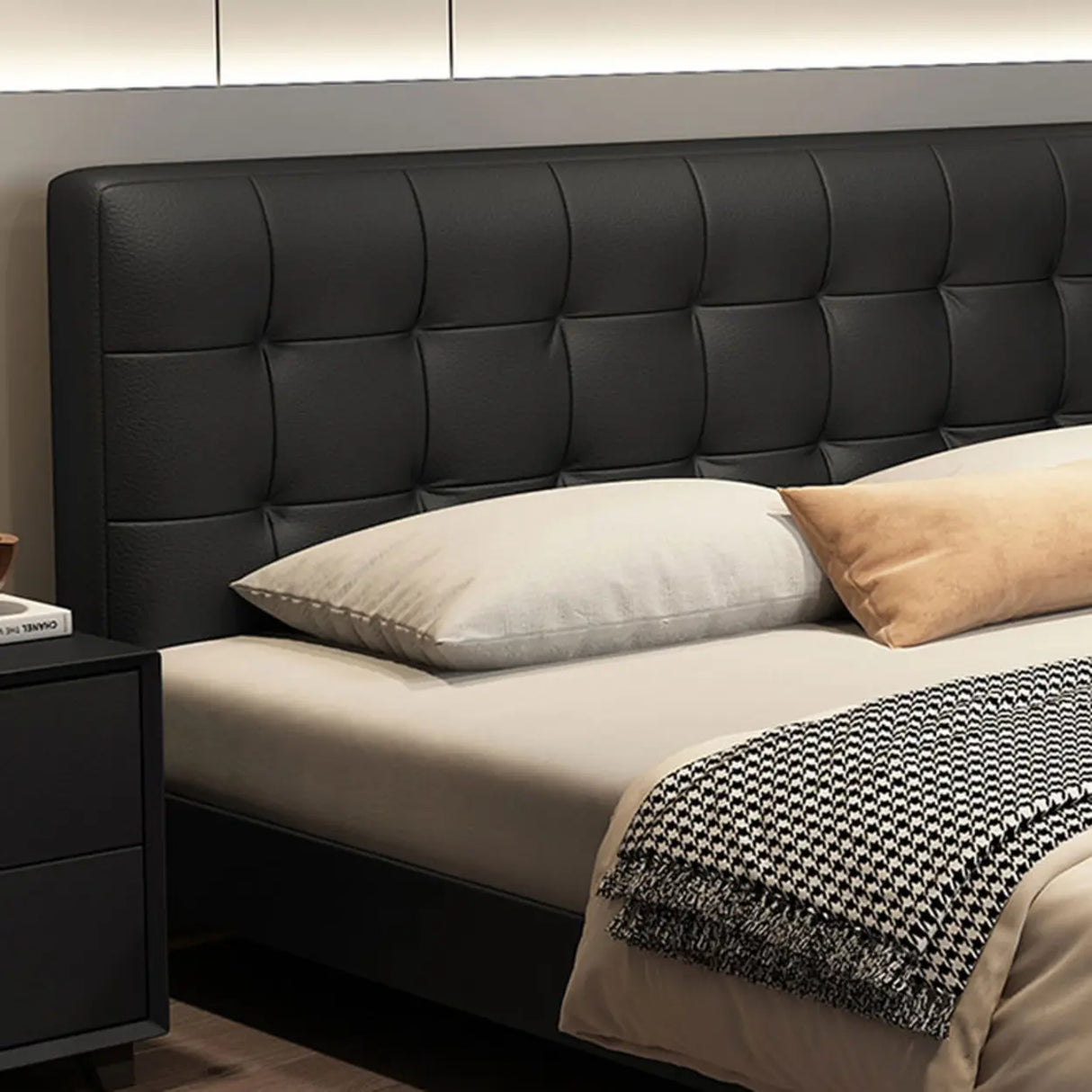Black Queen Upholstered Headboard Storage Included Bed Image - 9