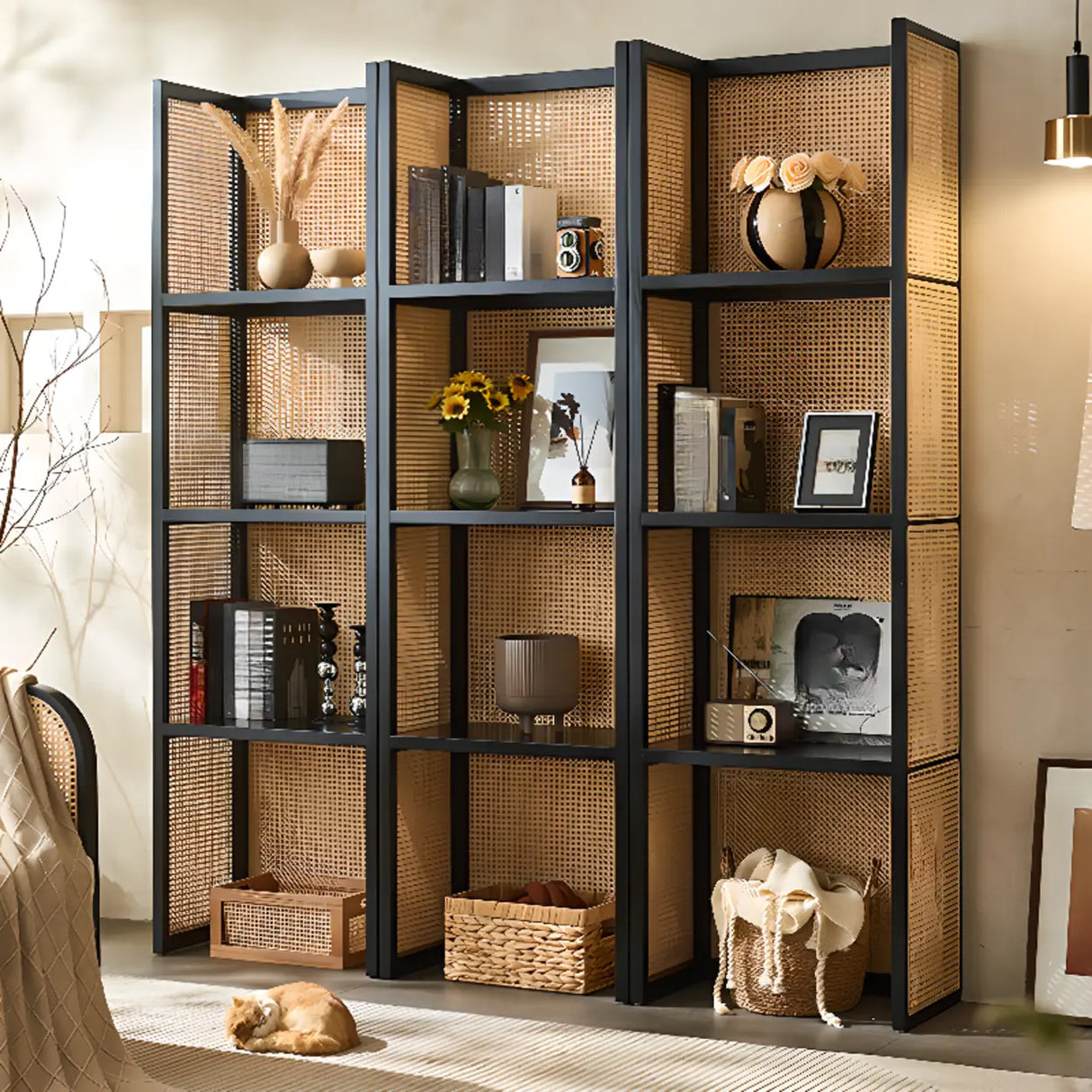 Black Rattan Vertical Modern Open Storage Bookshelf Image - 1