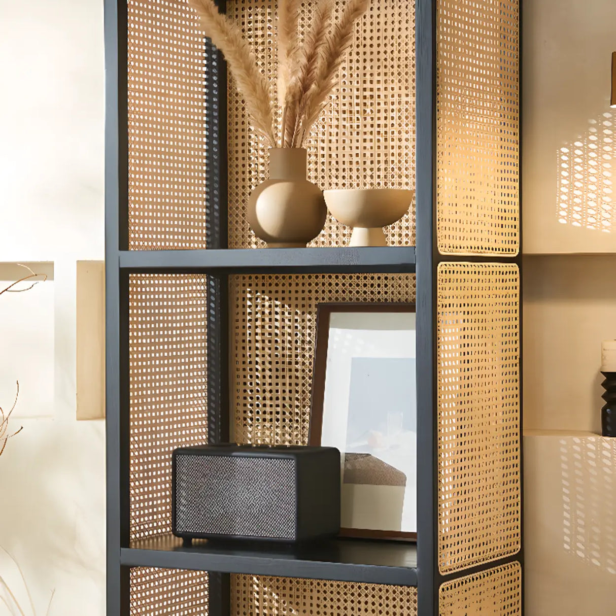 Black Rattan Vertical Modern Open Storage Bookshelf Image - 10