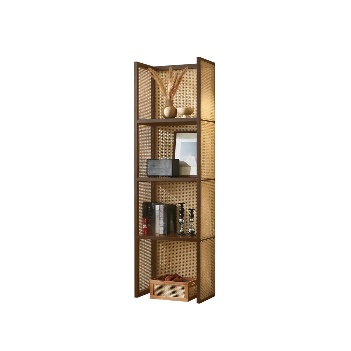 Black Rattan Vertical Modern Open Storage Bookshelf Image - 3