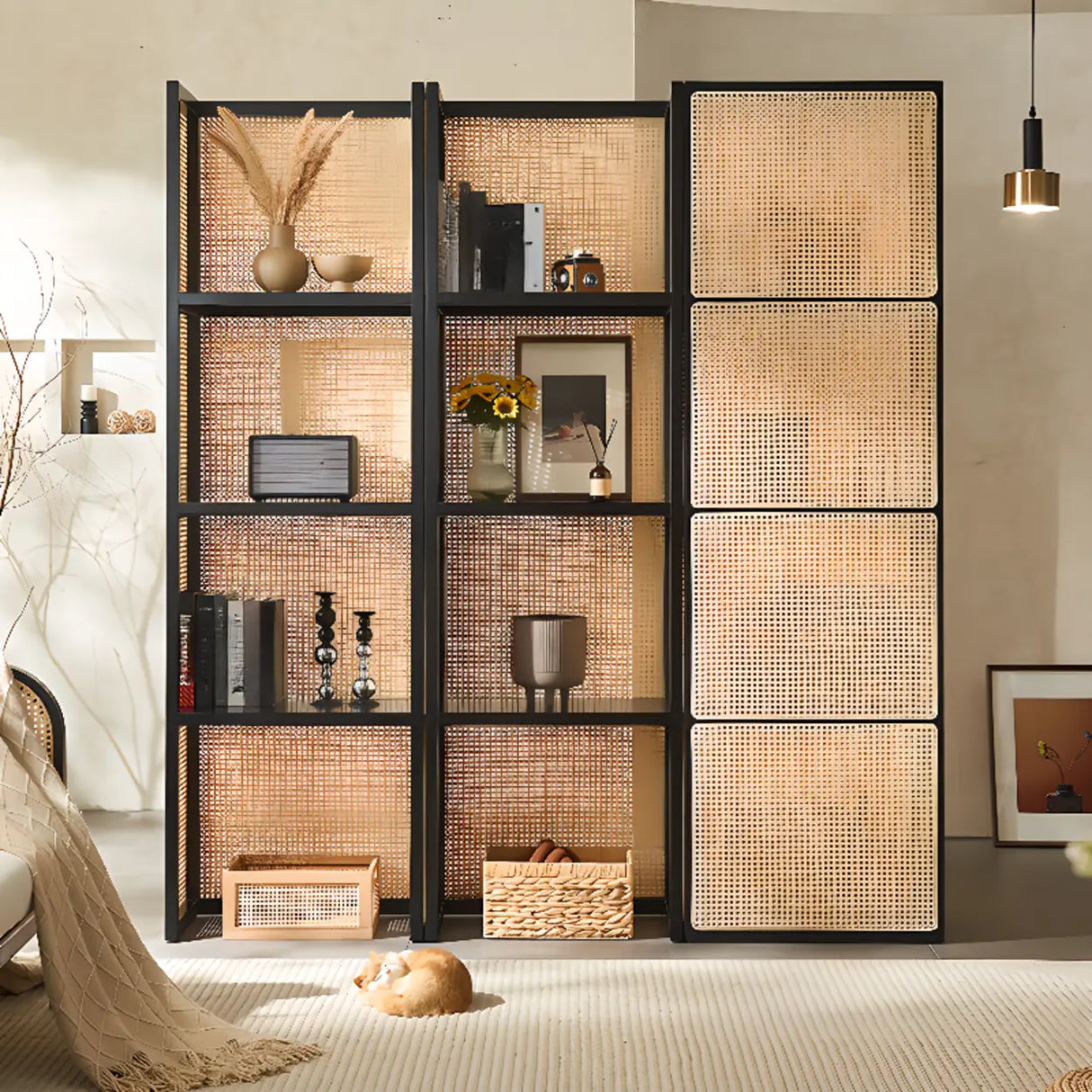Black Rattan Vertical Modern Open Storage Bookshelf Image - 6