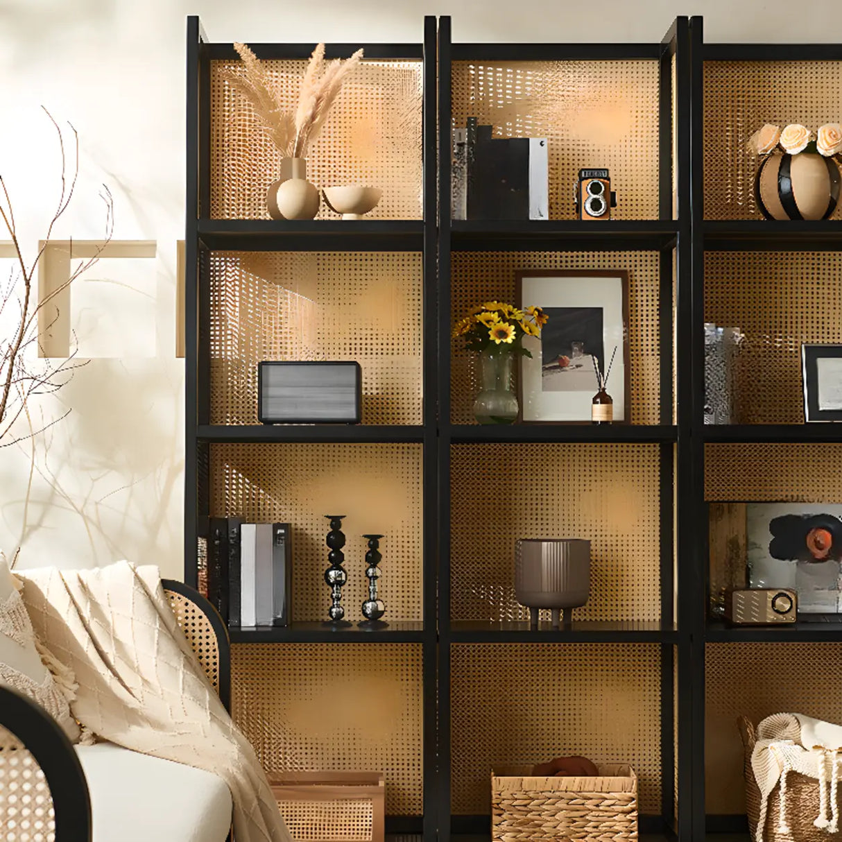 Black Rattan Vertical Modern Open Storage Bookshelf Image - 7