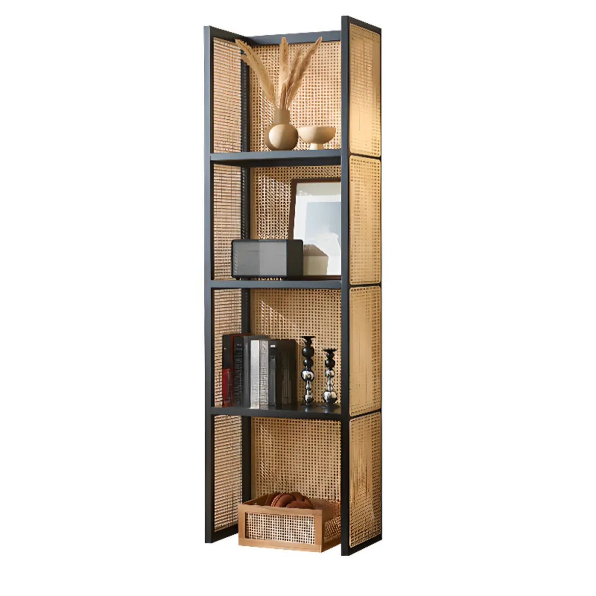 Black Rattan Vertical Modern Open Storage Bookshelf Image - 8