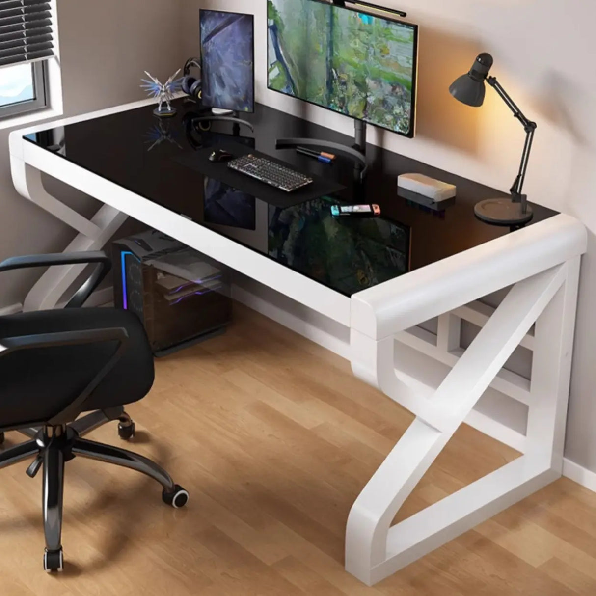 Black Rectangular Glass Computer Desk Image - 4