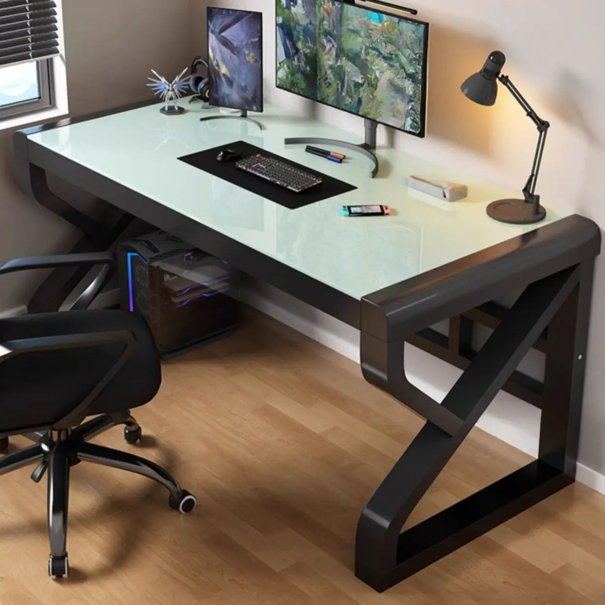 Black Rectangular Glass Computer Desk Image - 6
