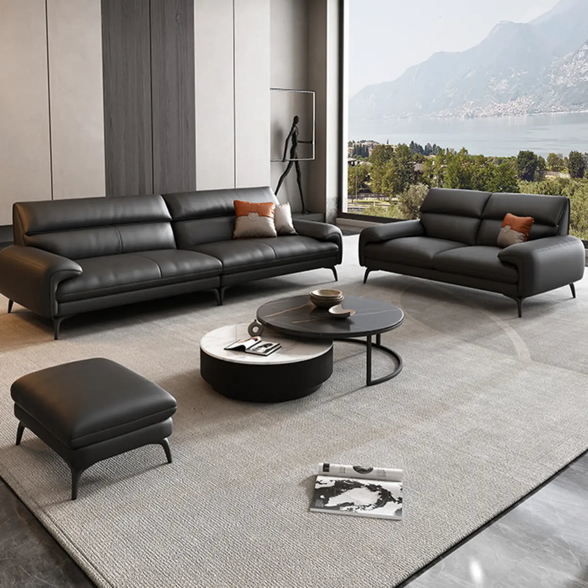 Black Rectangular Leather Reception Sofa with Pillow Image - 11