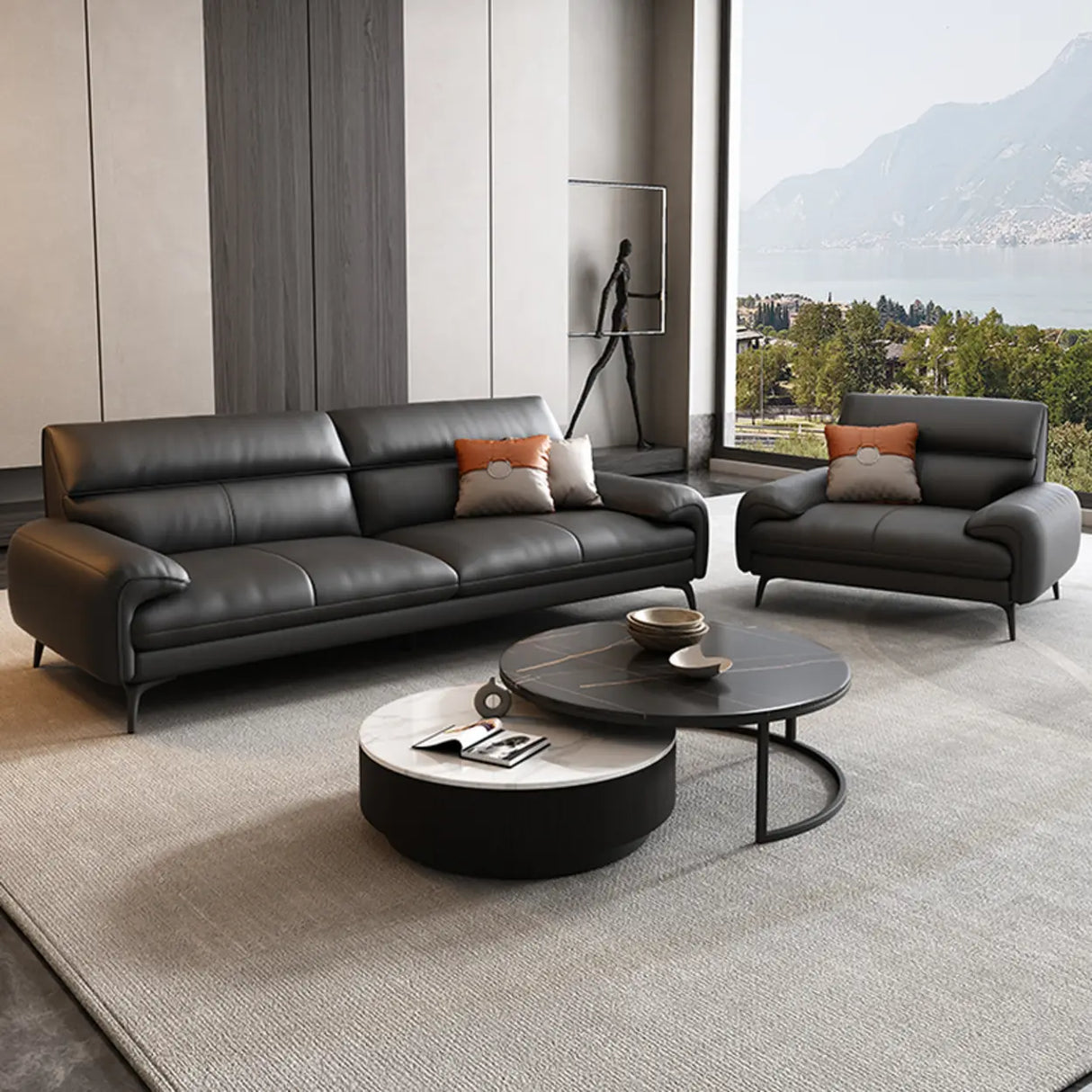 Black Rectangular Leather Reception Sofa with Pillow Image - 13