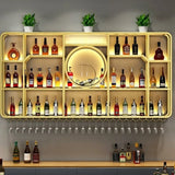Black Rectangular Metal Floating Wine Rack with Glass Holder Image - 4