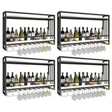 Black Rectangular Metal Wall Wine Rack with Glass Holder Image - 10