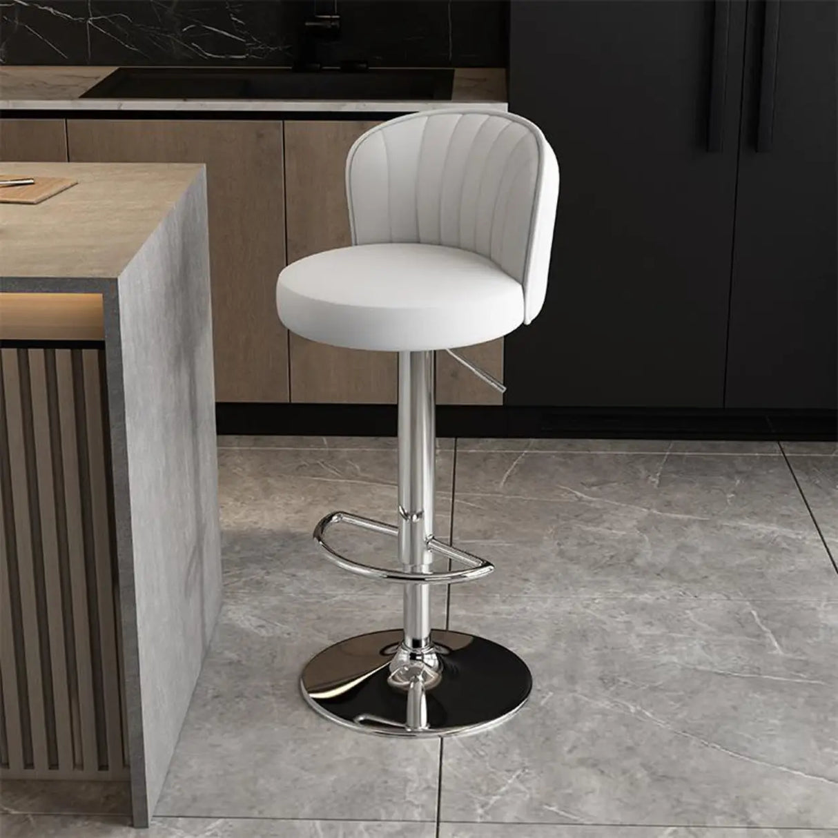 Black Round Leather Bar Stool with Adjustable Metal Frame Image - 62