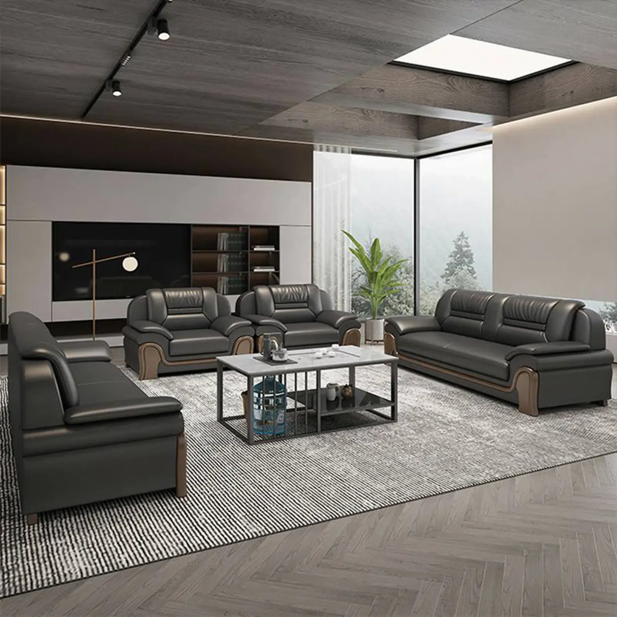 Black Scratch Resistant Faux Leather Reception Sofa Image - 4