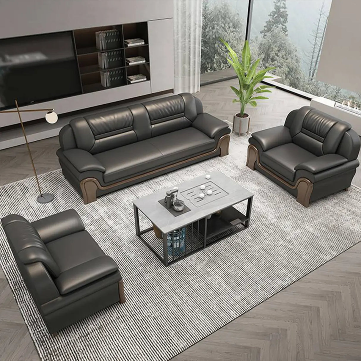 Black Scratch Resistant Faux Leather Reception Sofa Image - 6
