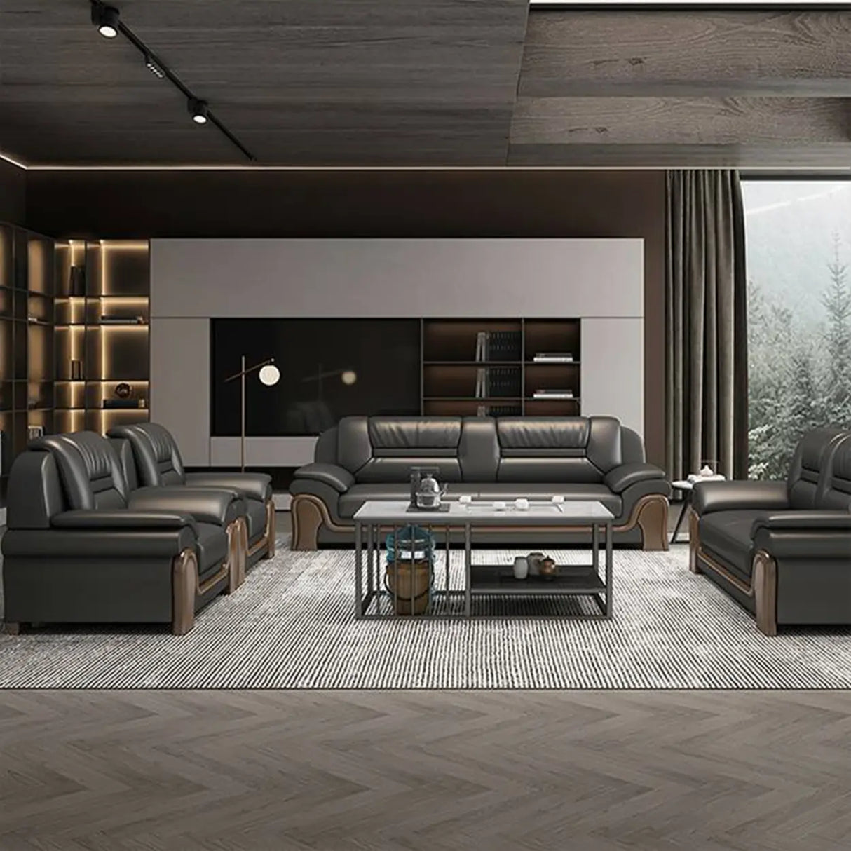 Black Scratch Resistant Faux Leather Reception Sofa Image - 8