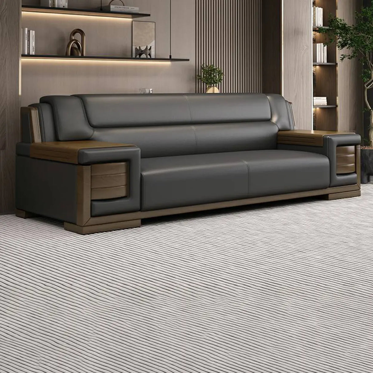 Black Scratch Resistant Faux Leather Sofa Seating Group Image - 5
