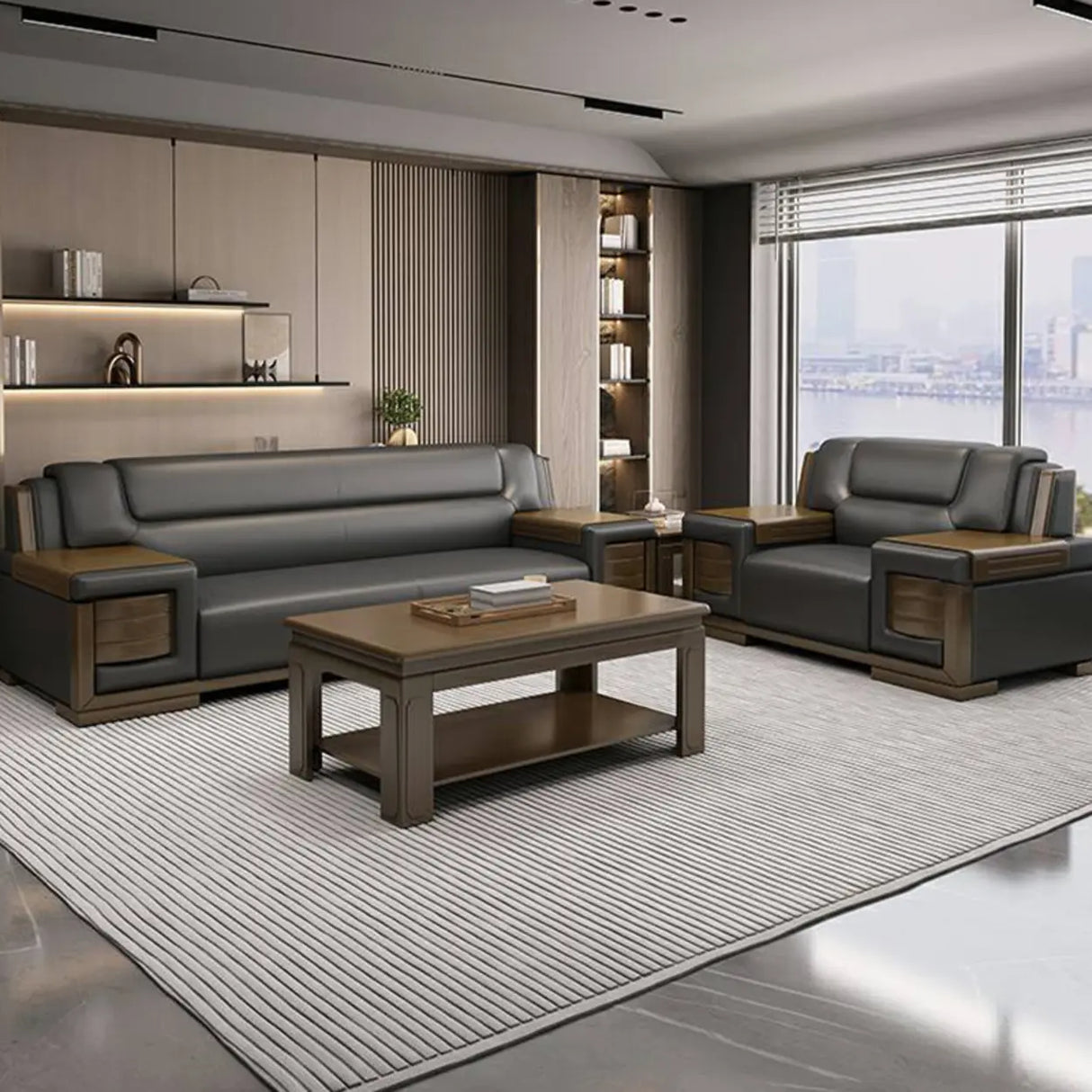 Black Scratch Resistant Faux Leather Sofa Seating Group Image - 6