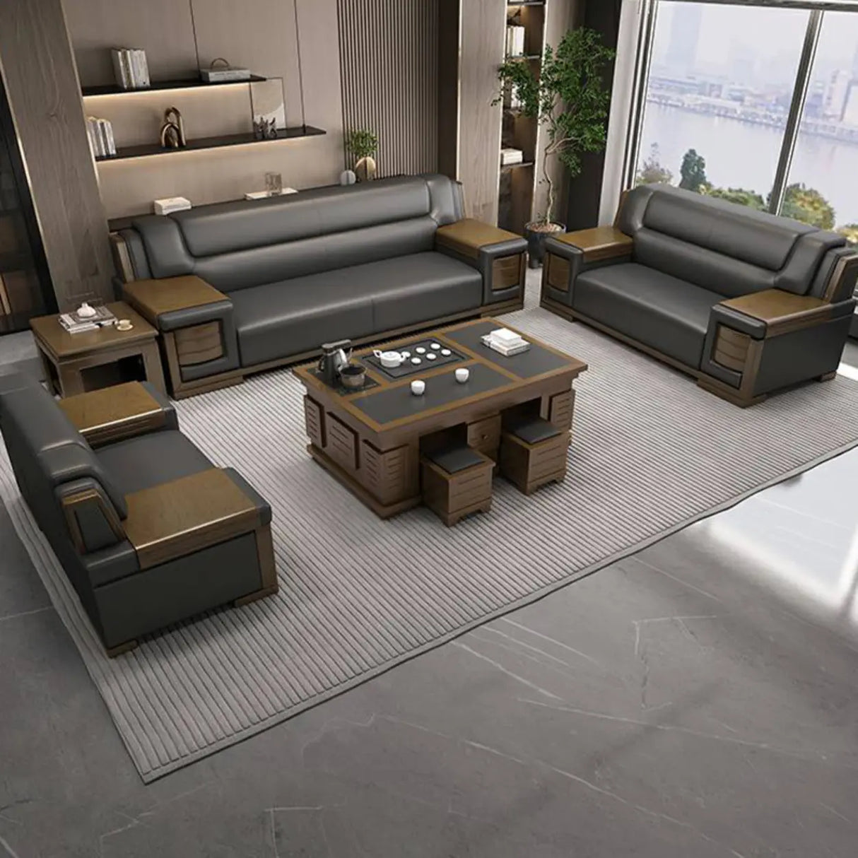 Black Scratch Resistant Faux Leather Sofa Seating Group Image - 8