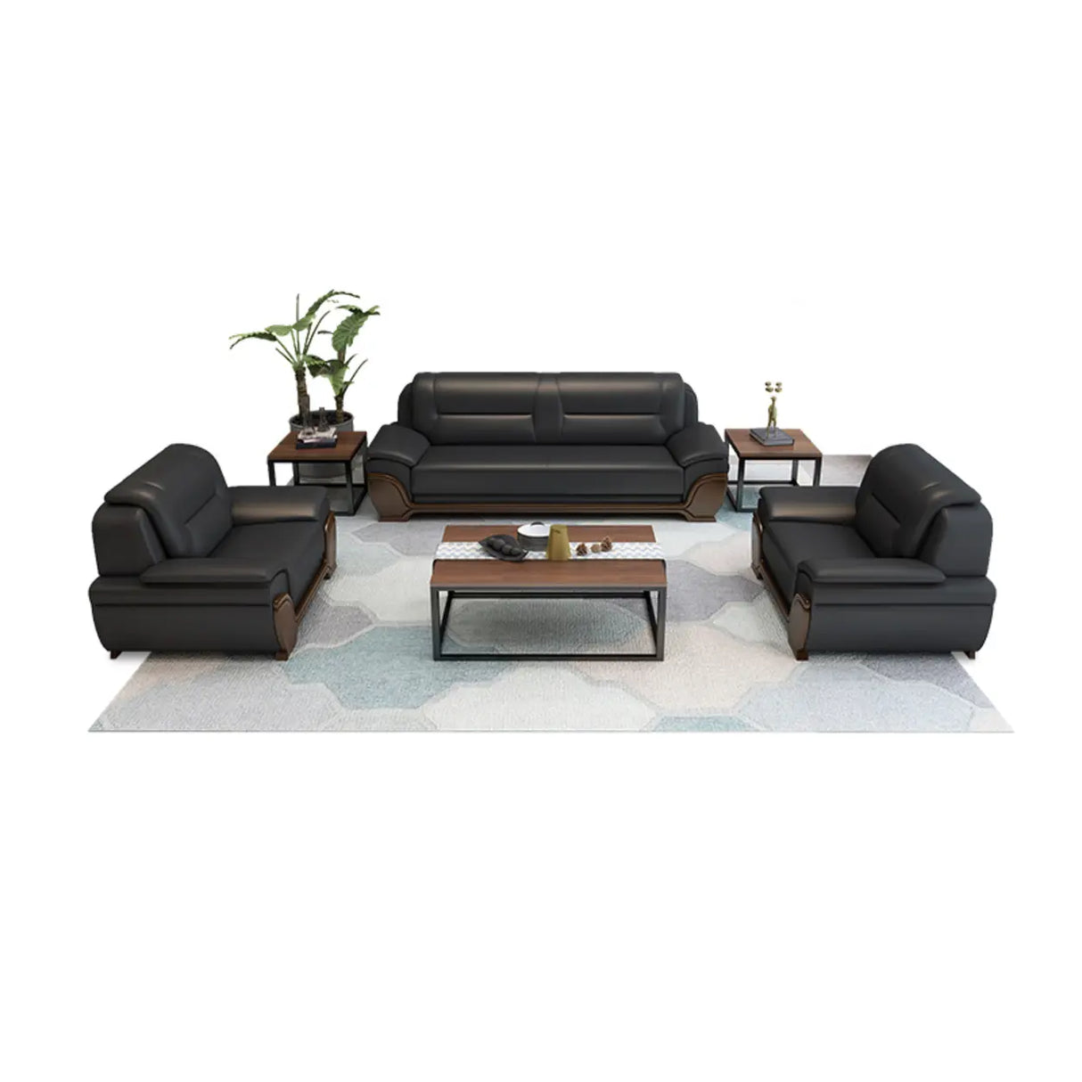 Black Scratch Resistant Leather Reception Sofa with Arm Image - 10