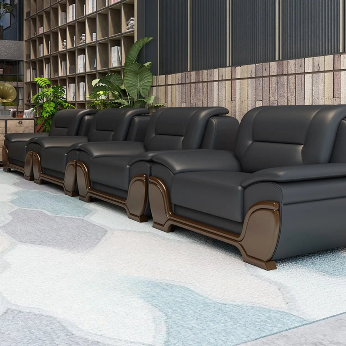 Black Scratch Resistant Leather Reception Sofa with Arm Image - 4