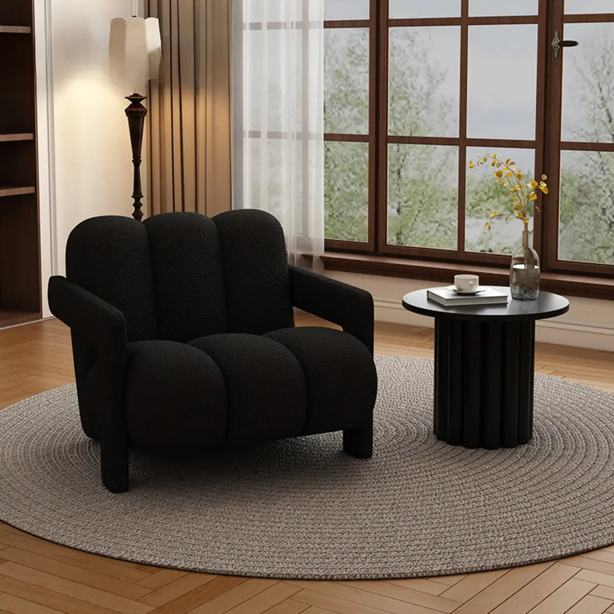 Black Sherpa Sewn Pillow Back Wood Frame Arm Chair Image - 1