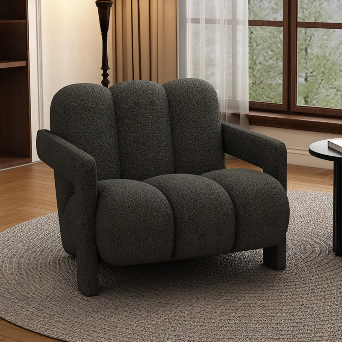 Black Sherpa Sewn Pillow Back Wood Frame Arm Chair Image - 15
