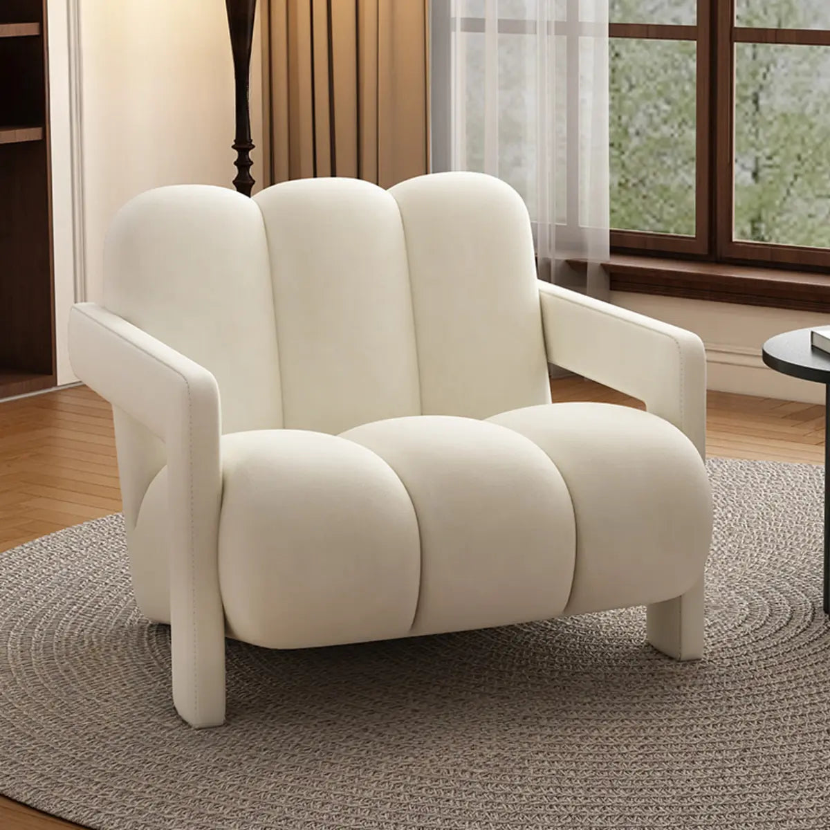Black Sherpa Sewn Pillow Back Wood Frame Arm Chair Image - 2